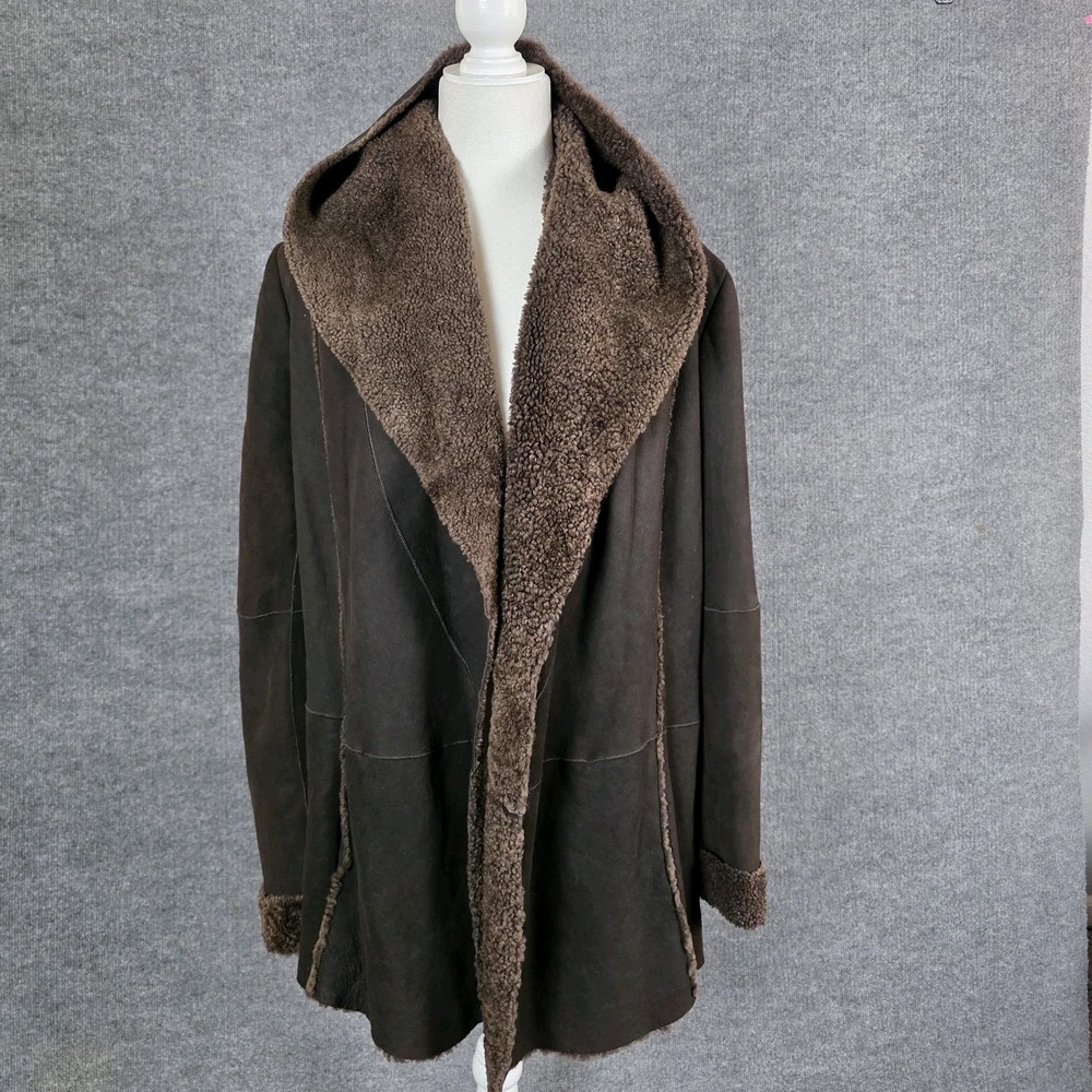 Vince M Shearling Leather Coat Spanish Merino Lamb Wool Brown Suede Hooded - Picture 3 of 13